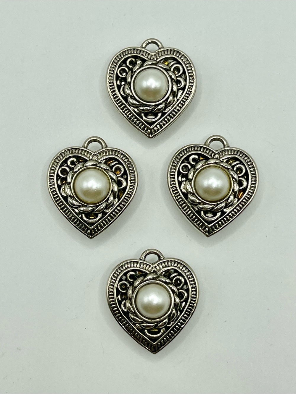 Silver Heart Pearl Button Covers With Faux Pearl Center
